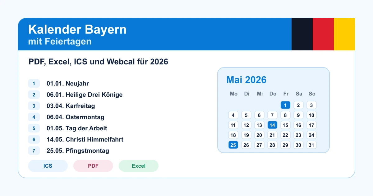 Download Kalender Bayern mit Feiertagen Vorschau